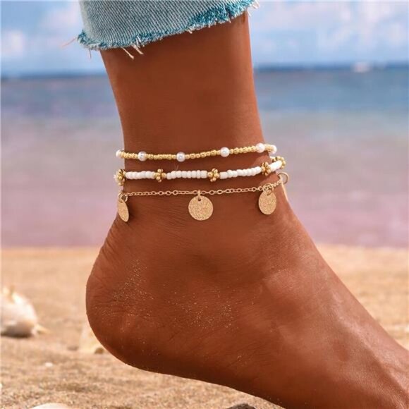 Shell Anklet Set for Women Gold Starfish Pearl Heart Beach Adjustable Jewelry - Picture 2 of 7